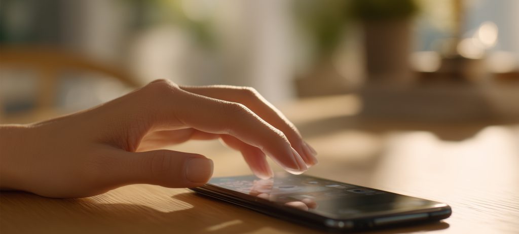 A close-up shot of a person's hand scrolling on a smartphone that is lying on a wooden table.